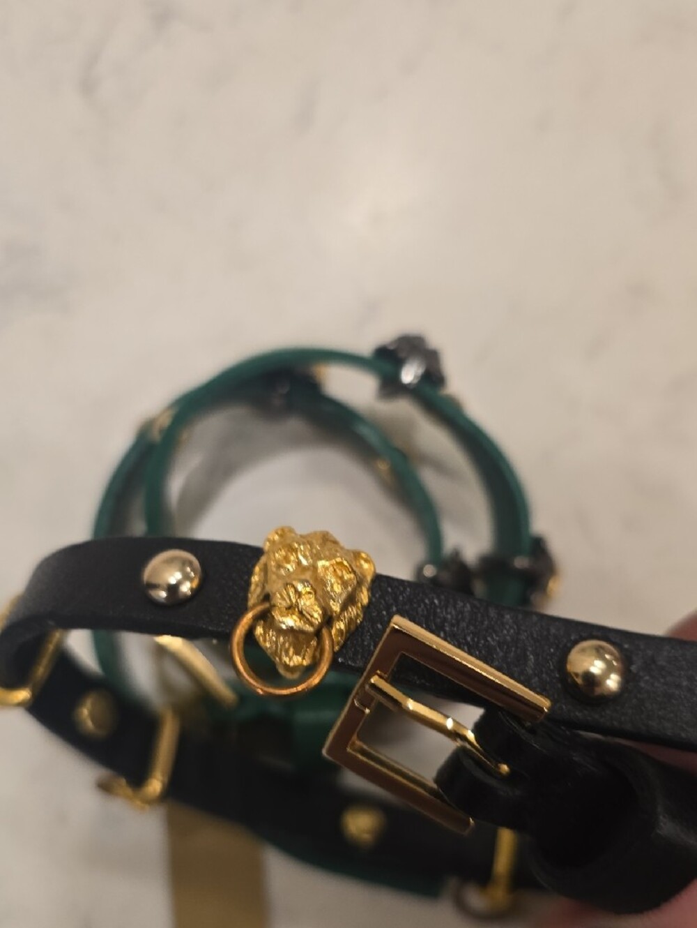 Barneys Green and Black Leather Wrap Bracelets with Gold & Gunmetal Accents - Picture 4 of 4